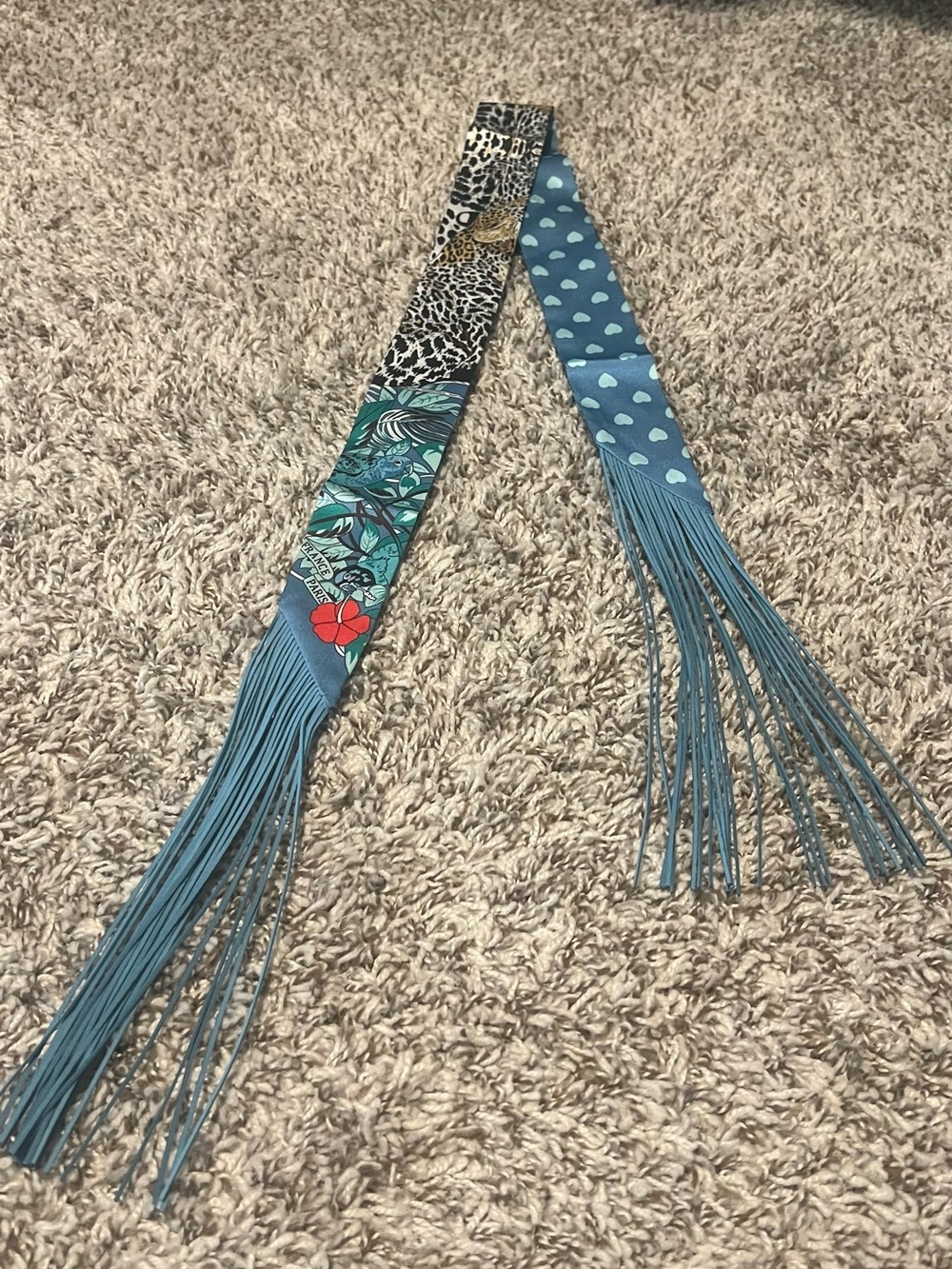 Fringe twilly Scarf double face Blue Patterned